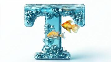 artistic creation features the letter T, designed with a glass texture containing water and lively fish photo