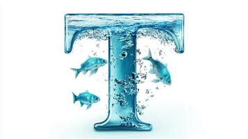 letter T emerges in a glass-like texture, showcasing a vibrant underwater scene with fish swimming amidst bubbles, creating an artistic aquascape. photo
