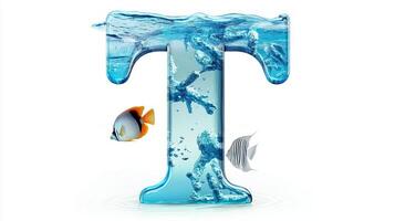 artistic representation features the letter T crafted from clear glass, showcasing an enchanting aquatic scene with fish swimming inside, set on a bright white background. photo