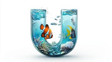 letter U emerges as a mesmerizing glass structure, encapsulating an aquarium scene with colorful fish and lush aquatic life, all set on a pristine white background. photo
