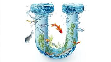 artwork showcases the letter U crafted from glass, encapsulating a lively underwater scene with colorful fish and green aquatic plants, all against a crisp white background. photo