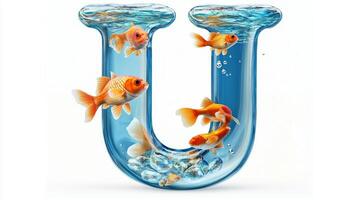 letter U captivates with a stunning glass design, filled with shimmering water, playful goldfish, and floating bubbles, beautifully isolated against a clean white backdrop. photo
