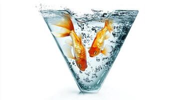 Golden fish gracefully navigate the clear waters inside a glass letter V, creating a stunning visual display against a white background, representing creativity and nature. photo
