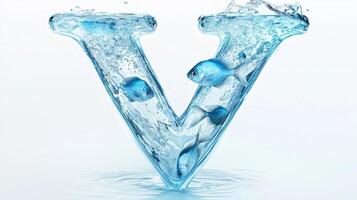 artistic letter V showcases a stunning glass design, seamlessly blending with clear water and small fish swimming inside, creating a refreshing and unique aesthetic. photo