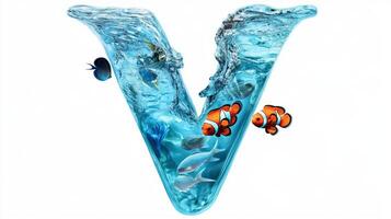 letter V showcases a stunning glass texture, housing a vibrant aquatic scene filled with colorful fish and shimmering water, all set against a clean white background. photo