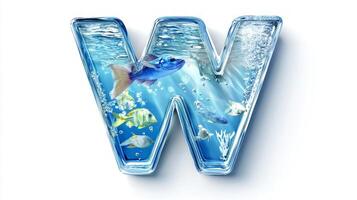 letter W takes center stage, beautifully crafted from glass and filled with clear water and colorful fish, set against a pure white backdrop, creating an eye-catching design. photo