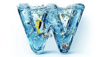 letter W beautifully crafted from glass showcases a mesmerizing underwater world, featuring colorful fish swimming amidst bubbles in a clear water setting. photo