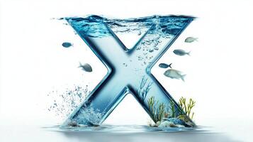 stunning glass letter X features a lively aquarium scene filled with fish and aquatic plants, bringing a touch of nature to a minimalist white background. photo