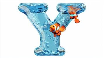 letter Y is transformed into a stunning glass structure, showcasing colorful fish swimming within the flowing water, set against a clean white backdrop, making it lively and imaginative. photo