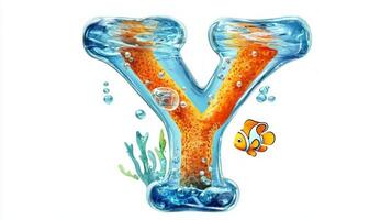 playful letter Y features a glassy texture filled with water and colorful fish, creating a delightful underwater scene. This charming design captivates the imagination. photo