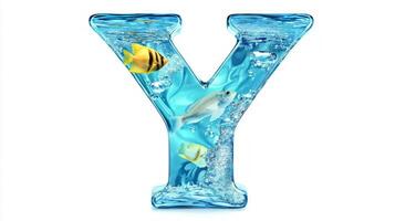 letter Y is beautifully crafted with a glassy texture filled with shimmering water and lively fish, creating a playful aquarium effect against a bright white backdrop. photo