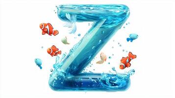 letter Z, crafted from glass, reveals a whimsical aquarium scene filled with lively fish and swirling water, all on a pure white background. photo