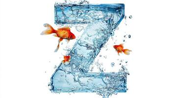 letter Z, elegantly formed from glass, encapsulates water and vibrant fish swimming freely inside, beautifully isolated against a bright white background, creating an enchanting effect. photo