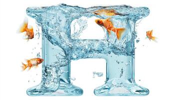 striking graphical representation features the letter H crafted from glass encapsulating water and colorful fish. photo