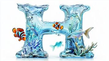 letter H is crafted from glass beautifully containing water and colorful fish surrounded by lush aquatic plants captivating viewers with its realistic allure. photo