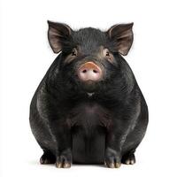delightful Vietnamese pot-bellied pig sits peacefully, showcasing its adorable round figure and small, endearing snout while isolated against a pristine white background. photo