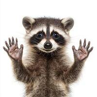adorable raccoon stands on its hind legs, raising its front paws in a playful gesture. Its distinctive masked face and ringed tail create a captivating character isolated on a light backdrop. photo
