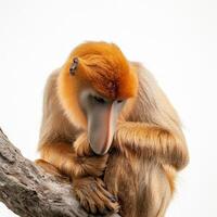 proboscis monkey quietly sits on a branch, its long, distinctive nose and textured fur highlighted by the simplicity of a white background, exuding a sense of calm. photo