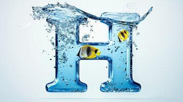 artistic representation features the letter H crafted from glass submerged in crystal clear water with colorful fish gracefully swimming around creating a harmonious aquatic scene. photo