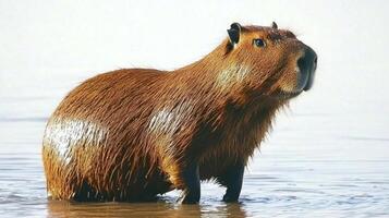 large capybara wades through calm water, revealing its thick, glossy fur while standing proudly, creating a striking contrast with a clean white background. photo