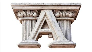 elegant letter A, meticulously designed with vintage column textures, stands out against a clean white background, showcasing artistry and craftsmanship in typography. photo