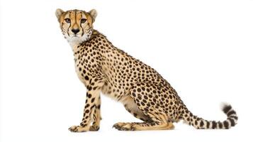 cheetah sits poised and elegant, its sleek body and unique spots highlighted against an empty white backdrop, radiating both beauty and grace. photo