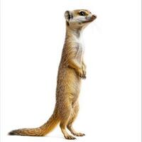 yellow mongoose rises on its hind legs, exuding curiosity as it surveys its surroundings. Its striking slim shape and bushy tail are highlighted against a pristine white background. photo