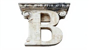 striking letter B, fashioned from antique column material, stands prominently against a clean white background, showcasing intricate details and textures that evoke classical elegance. photo