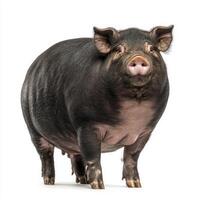delightful pot-bellied pig showcases its adorable features, with a large round belly and sturdy short legs, creating a captivating portrait against a pristine white backdrop. photo