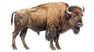 European bison stands tall, showcasing its thick, shaggy coat and magnificent horns. The animal's strong presence is highlighted against the stark white background, evoking a sense of pride. photo