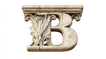 Elegant letter B takes center stage, crafted from antique column material, highlighting intricate details set against a pristine white background. photo