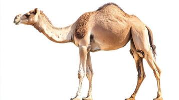 captivating camel stands tall and proud, showcasing its unique humps and characteristic features while its head is elegantly turned, making for a striking visual against the white background. photo