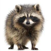 adorable raccoon dog stands upright, flaunting its lush fur and lively expression. Set against a stark white backdrop, it captivates with its playful charm and distinctive features. photo