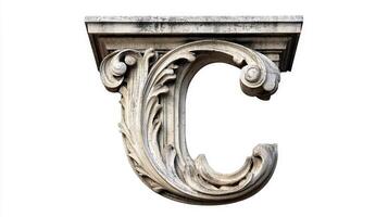 letter C, crafted with an antique column texture, stands prominently on a white background, showcasing its intricate details and artistry, perfect for design use. photo