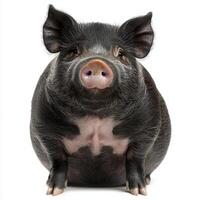 Vietnamese pot-bellied pig sits happily, its round belly and small snout on display. This charming creature radiates contentment in a minimalist setting. photo
