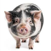 delightful pot-bellied pig stands proudly with its short legs and prominent belly, exuding charm and personality in a simplistic setting that highlights its unique features. photo
