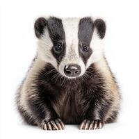 captivating badger sits perfectly still, highlighting its distinctive striped face and glossy fur as it gazes forward, a moment of calm elegance in its natural beauty. photo