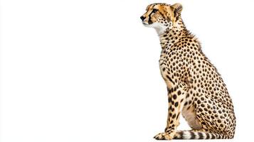 majestic cheetah sits poised, showcasing its elegant posture and stunning spotted fur. Its head is turned, highlighting its beauty and grace in this serene moment. photo