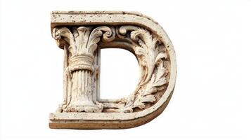 letter D showcases a beautifully crafted antique design featuring a detailed column texture. Its elegant form stands out crisply against the soft white background, attracting attention. photo