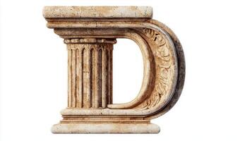 intricately designed letter D emerges from an authentic antique column, featuring detailed carvings and textures against a clean white backdrop, symbolizing elegance and creativity. photo