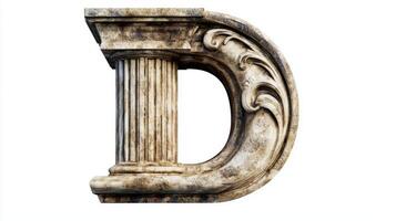 ornate letter D showcases an exquisite antique design with a column texture, elegantly carved to highlight artistic craftsmanship on a clean white surface. photo