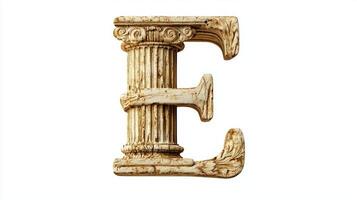 ornate letter E crafted with an antique column texture captures the elegance of classical design, embodying artistry and history against a white backdrop. photo
