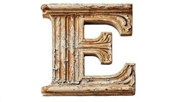 intricately designed letter E with an antique column texture rests against a clean white backdrop, highlighting its distinct vintage charm and craftsmanship. photo