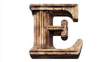 beautifully crafted letter E, featuring an antique column texture, stands alone on a white background, highlighting its artistic elements and historical significance. photo