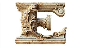 elegant letter E showcases a detailed antique column texture, adorned with intricate carvings, set against a pristine white background, ideal for creative endeavors. photo