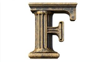 letter F showcases an ornate antique column texture, beautifully crafted and set against a pristine white background, perfect for artistic presentation. photo