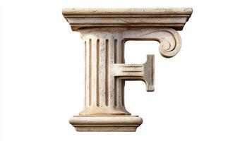 letter F stands out as an exquisite creation shaped like an antique column, featuring detailed textures and classic architecture against a pristine white backdrop. photo