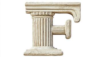beautifully crafted letter F exemplifies antique design, featuring intricate column texture against a smooth white background, highlighting its artistic elegance. photo