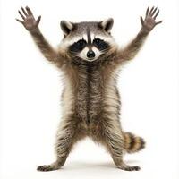 adorable raccoon captivates with its front paws raised, revealing its iconic facial markings and ringed tail, exuding curiosity and charm in its pose. photo