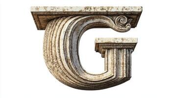 letter G stands prominently with an antique column design, boasting rich textures and details, isolated against a clean white background that enhances its classic beauty. photo